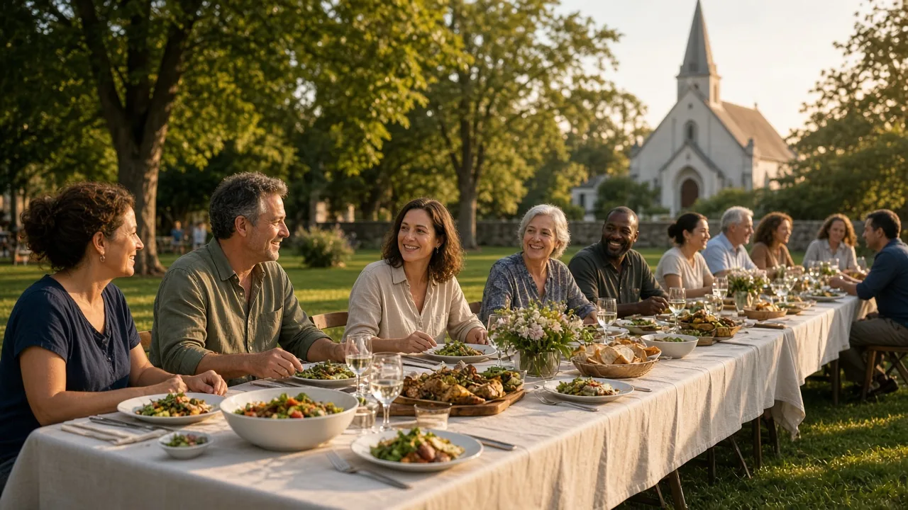 Neighbors sharing a meal outdoors