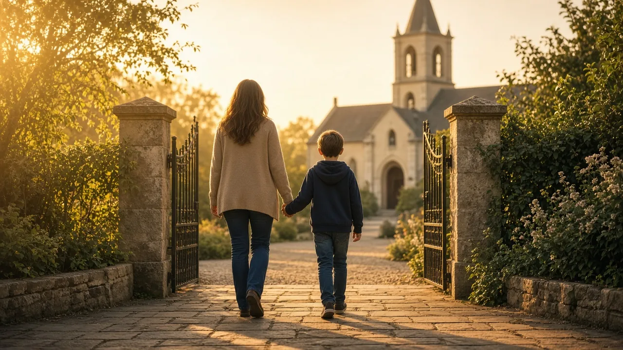 Parent and child walking toward a church courtyard